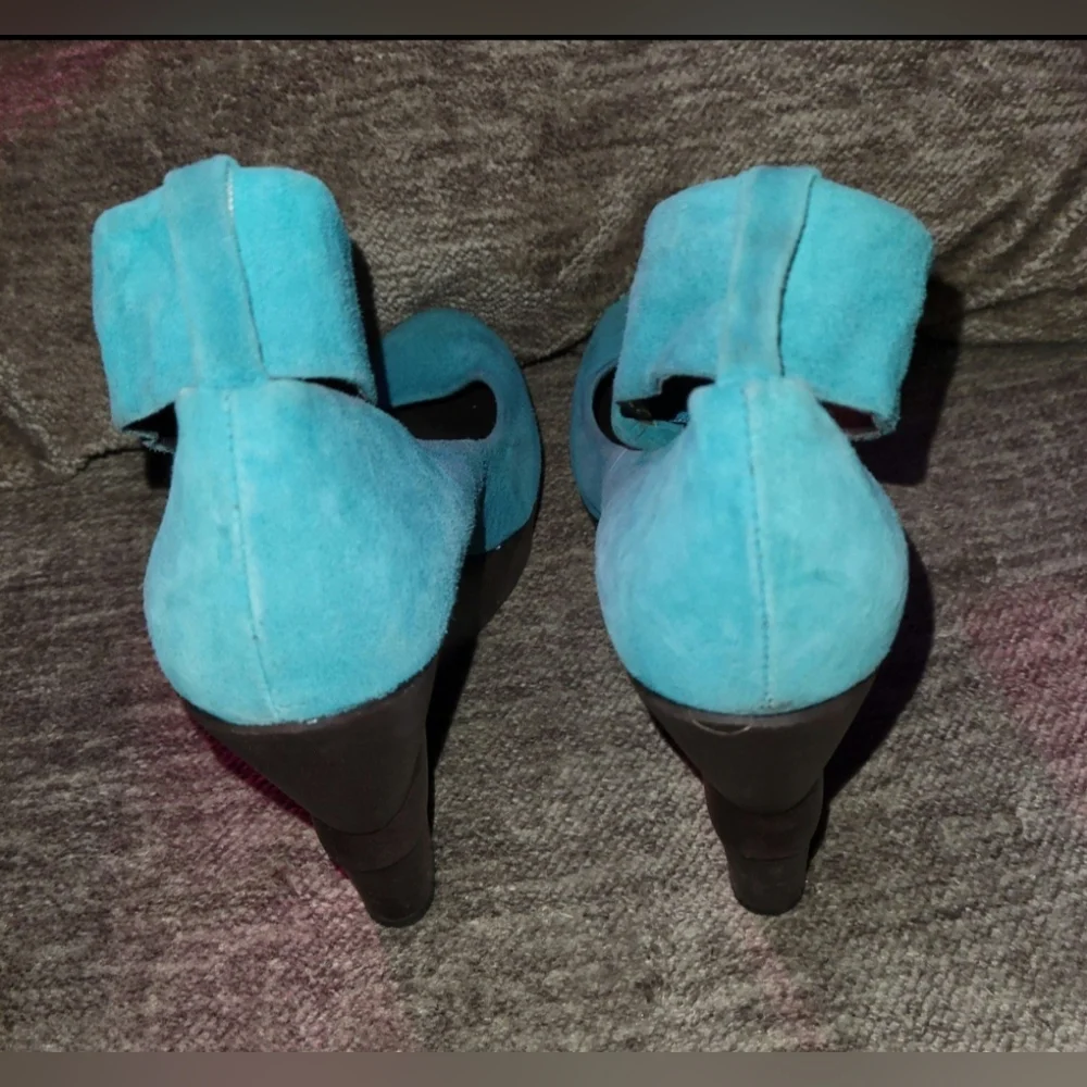 Diane Von Furstenberg Teal Suede Wedge Heels Sz 7 - Picture 2 of 9